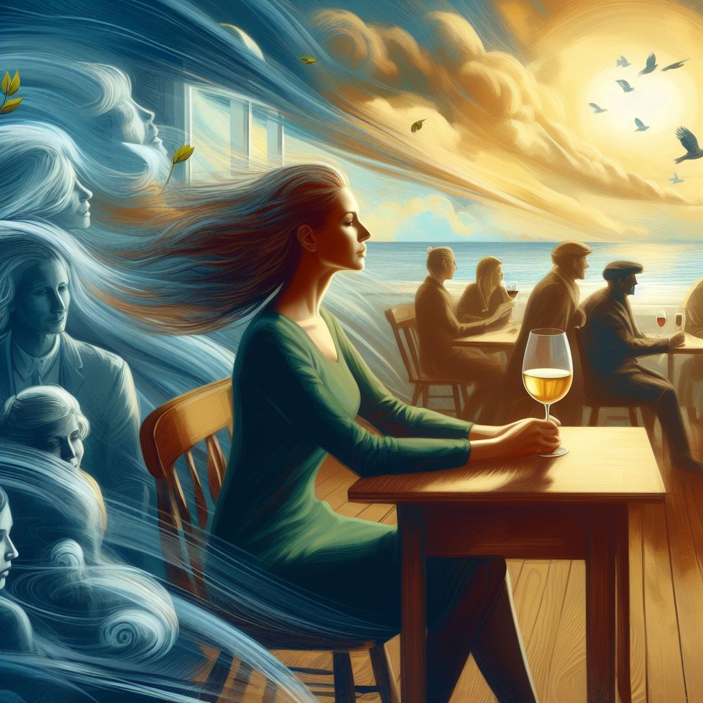 Hope. The winds of hope. A woman sitting at a table, the ghosts of her past in monochrome behind her and the sun rising before her. A new day, a new hope.