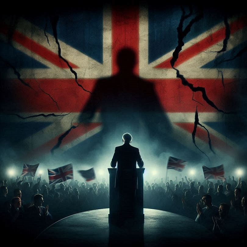A silhouette of a man addressing a crowd, some are waving union jacks. Above the crowd is a massive union jack with a large shadow image. The flag is visible cracked.