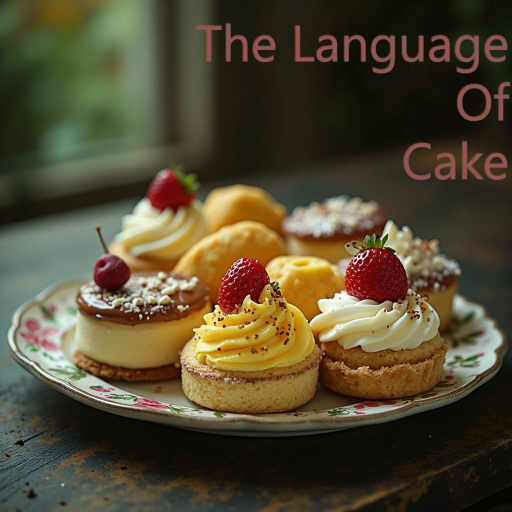 A plate of assorted cream cakes, all have a strawberry on top. The plate is sitting on a dark wood table. A caption reads 'The Language of Cake